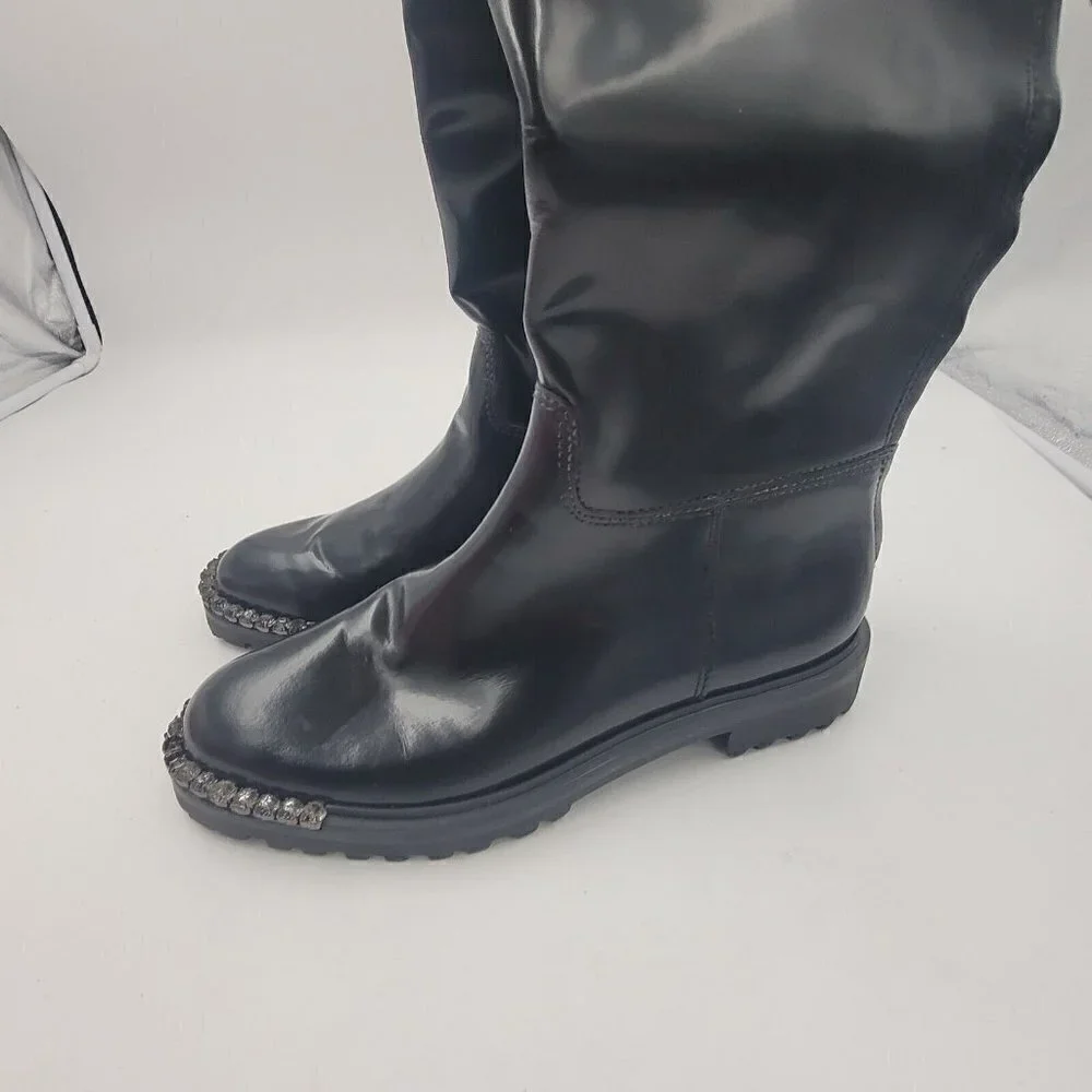 NEW Schutz Cianna Embellished Toe Black Polished Leather Riding Boots Size 6.5B